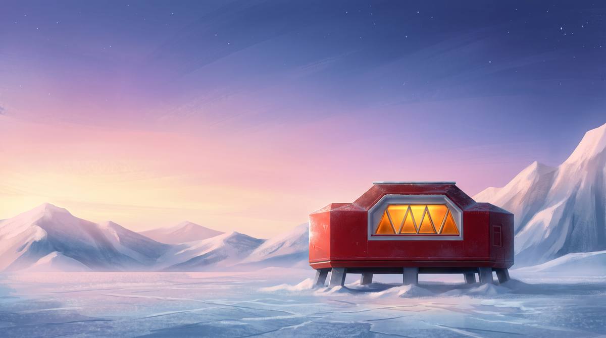 From the film: the red station standing quiet on the ice at dawn
