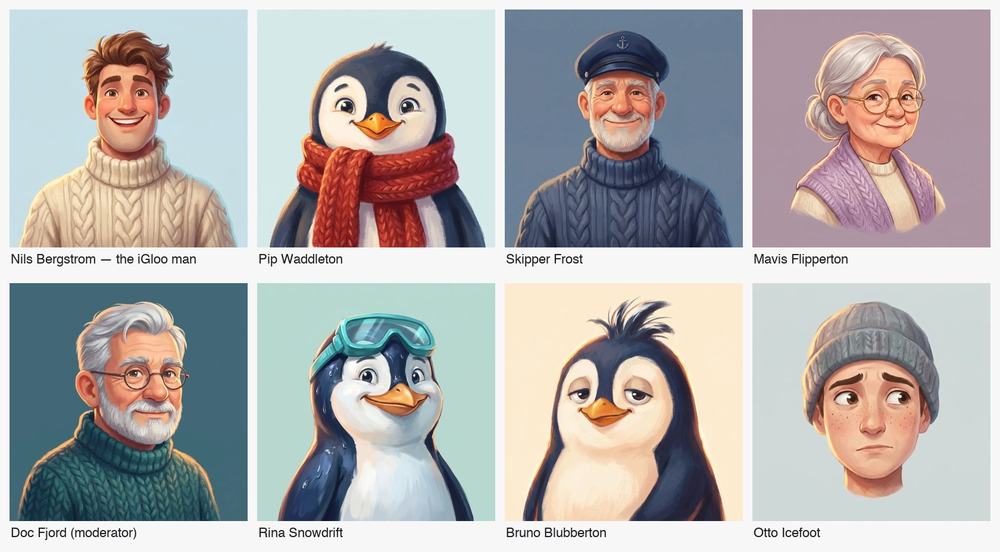 The Huddle cast: portraits of the penguins and people from the demo community, each with a name
