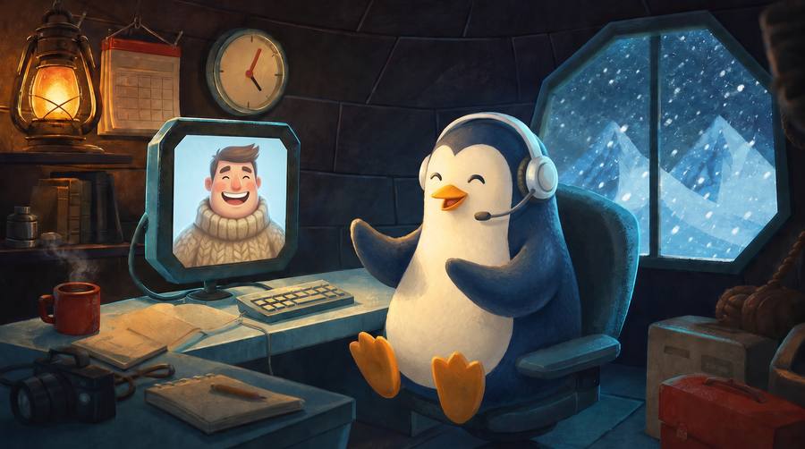 From the film: a penguin with a headset takes a video call from the explorer
