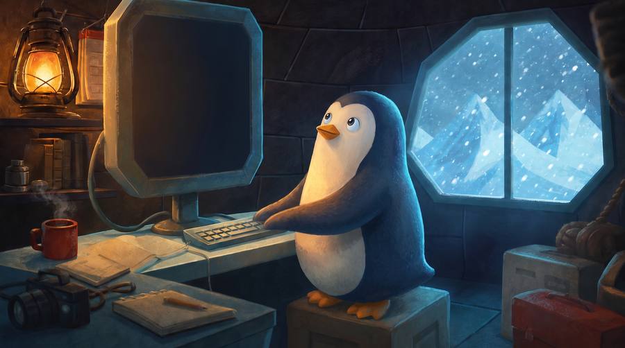 A penguin at a keyboard inside a cosy igloo, typing at an octagonal computer