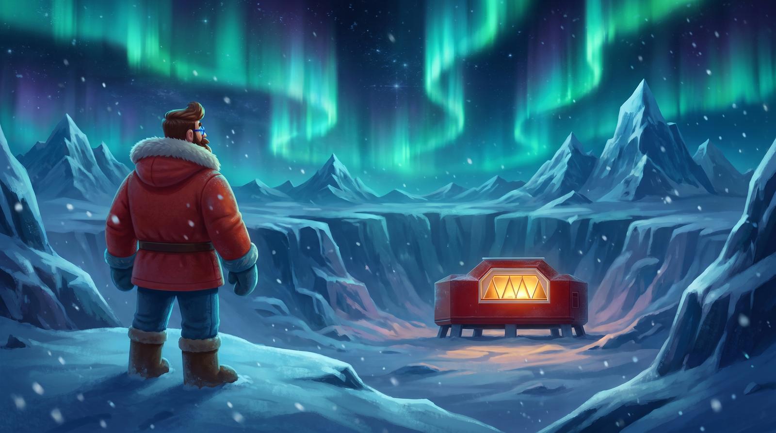 Frame from the iGloo film: the explorer looks down at the glowing red station under the southern lights