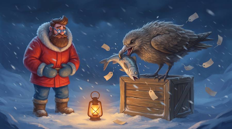 From the film: a skua bird helps itself to a fish from the explorer's crate while he watches