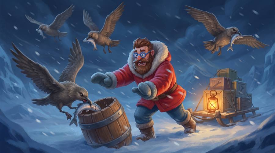 From the film: skuas swarm the explorer's fish barrel, each bird flying off with a fish