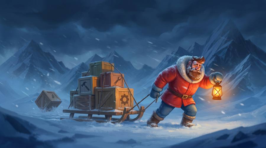 From the film: the explorer drags a sled stacked with crates uphill through a blizzard, alone