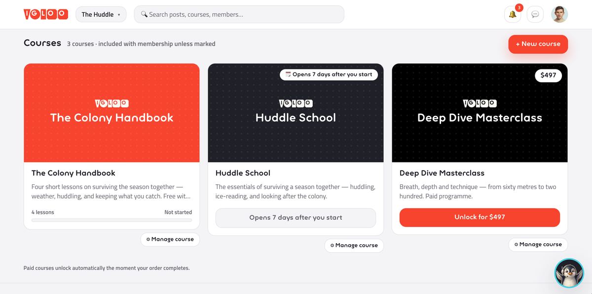 The courses shelf inside a community: one course free with membership, one that opens seven days after you start, and one locked behind a 497 dollar price