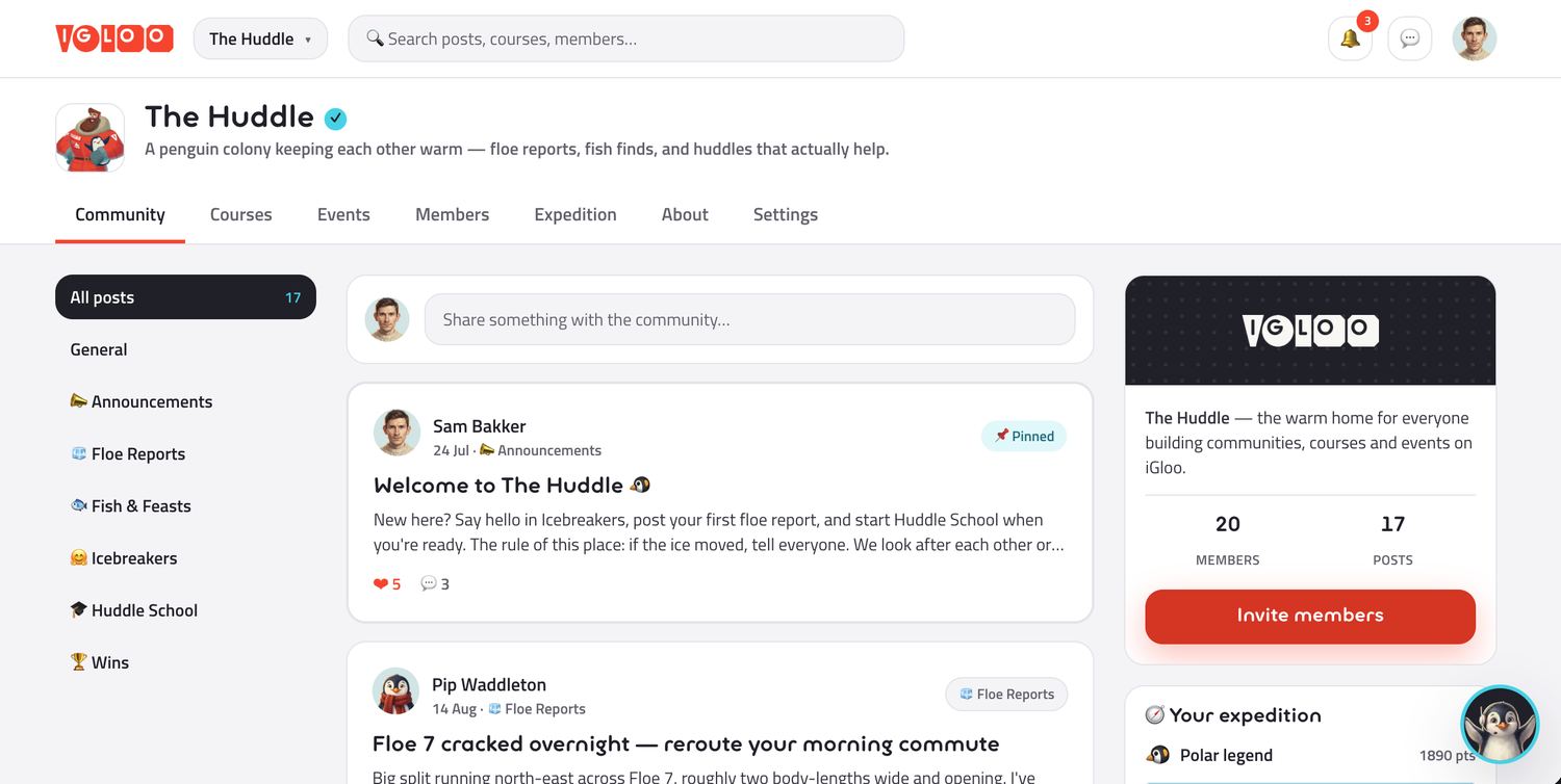 An iGloo community home page: the feed with a pinned announcement and member posts, categories down the left, and member count, post count and an invite button on the right